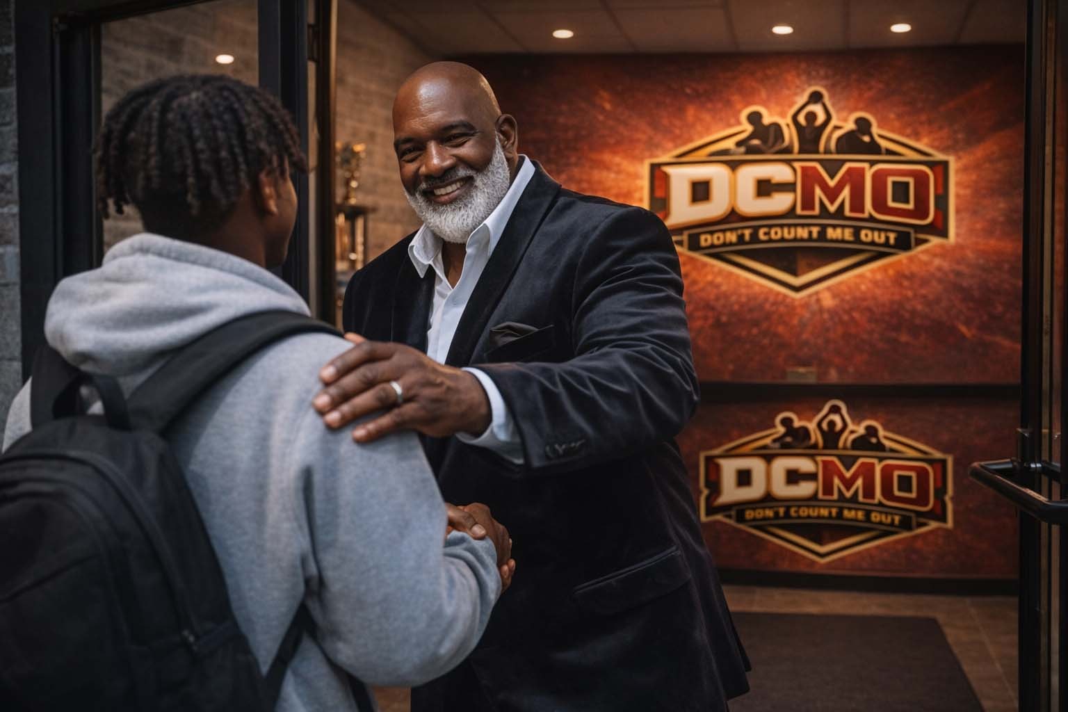 DCMO coach welcoming a young man at the DCMO Centers entrance