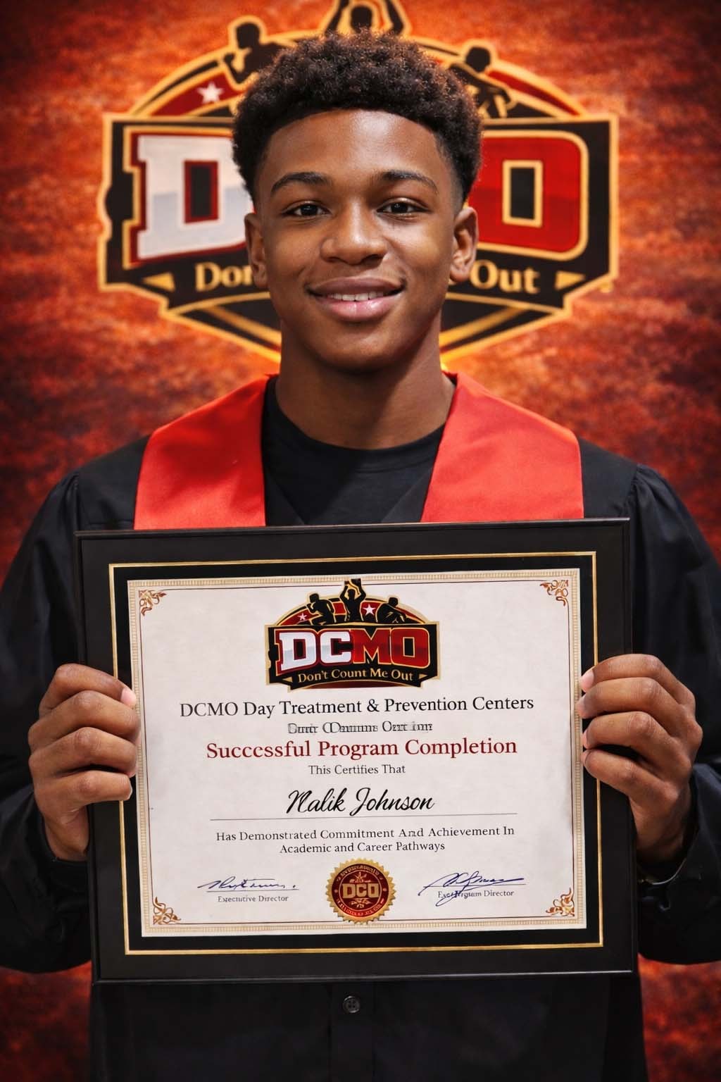 DCMO graduate in cap and gown